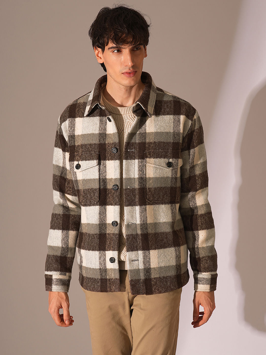Buy Brown Check Print Shacket for Men Online